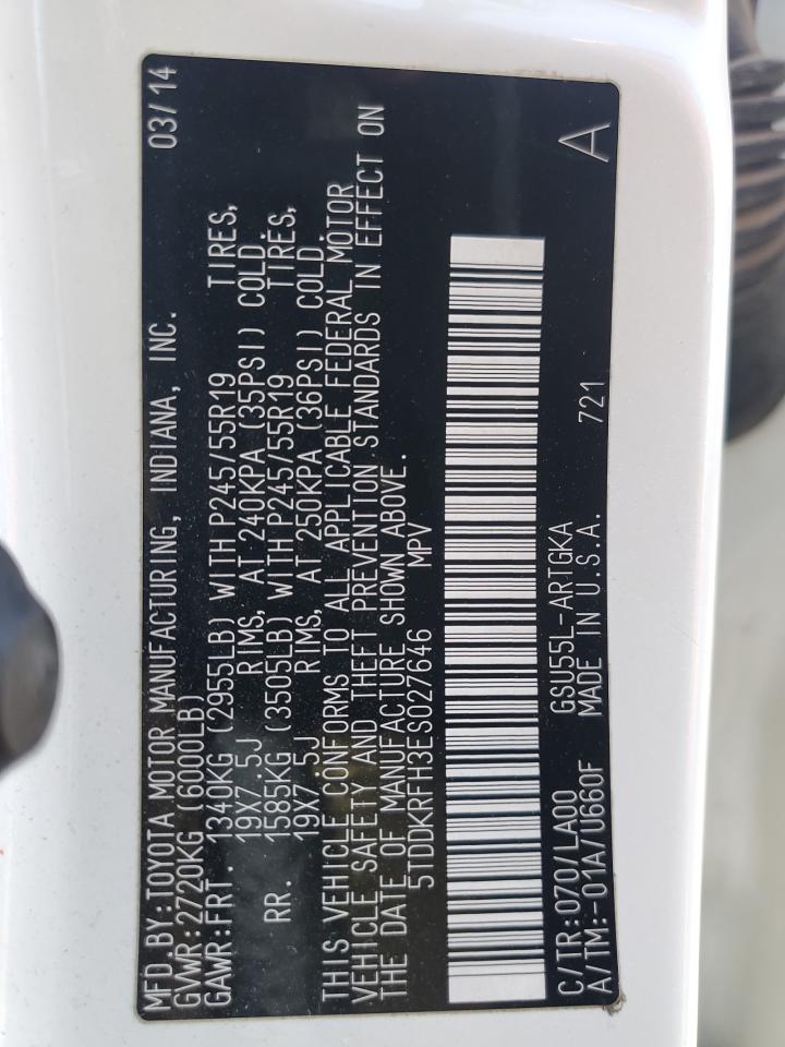 5TDDKRFH3ES027646 2014 Toyota Highlander Limited