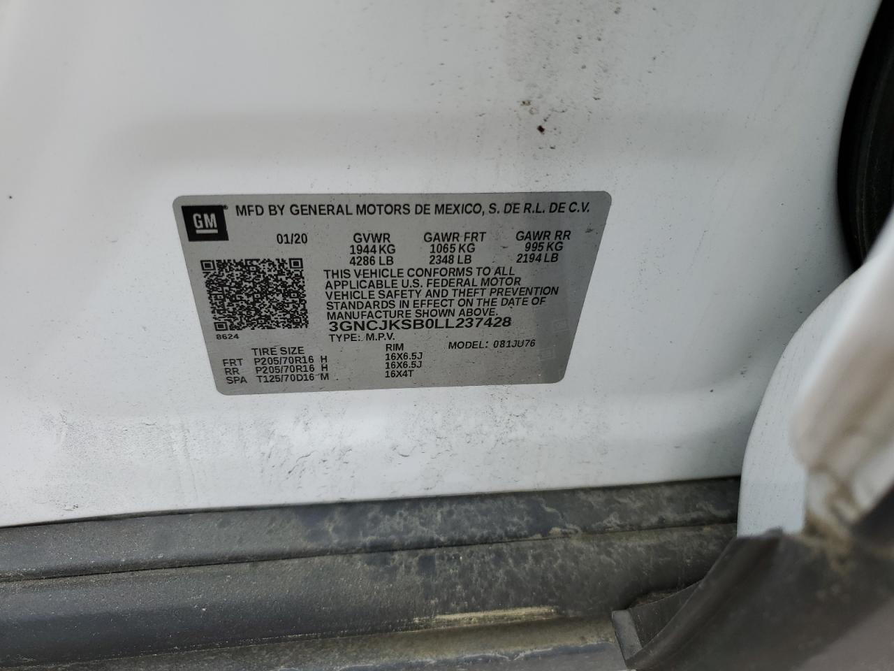 3GNCJKSB0LL237428 2020 Chevrolet Trax Ls