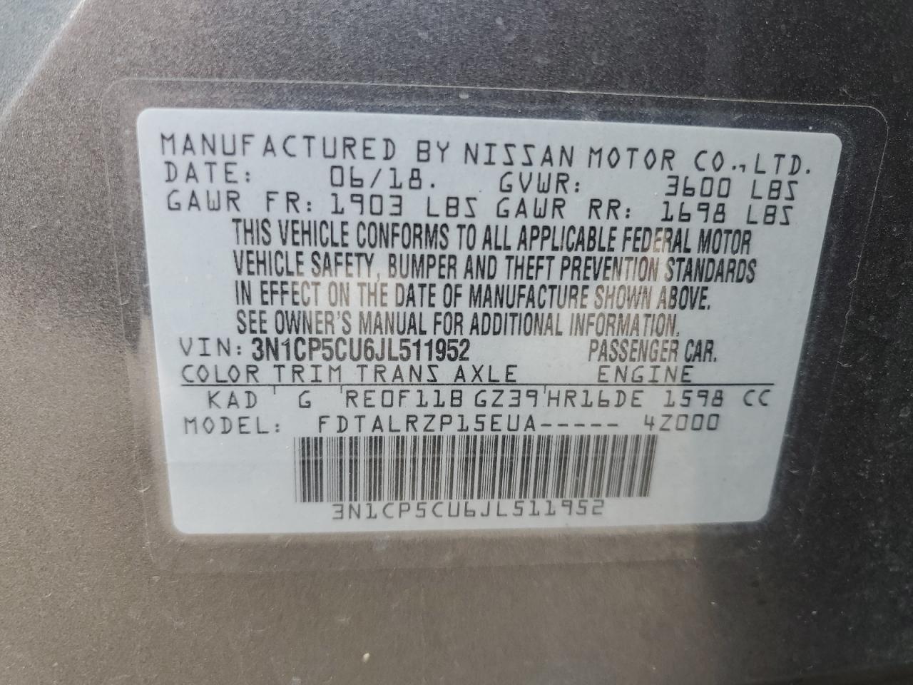 3N1CP5CU6JL511952 2018 Nissan Kicks S