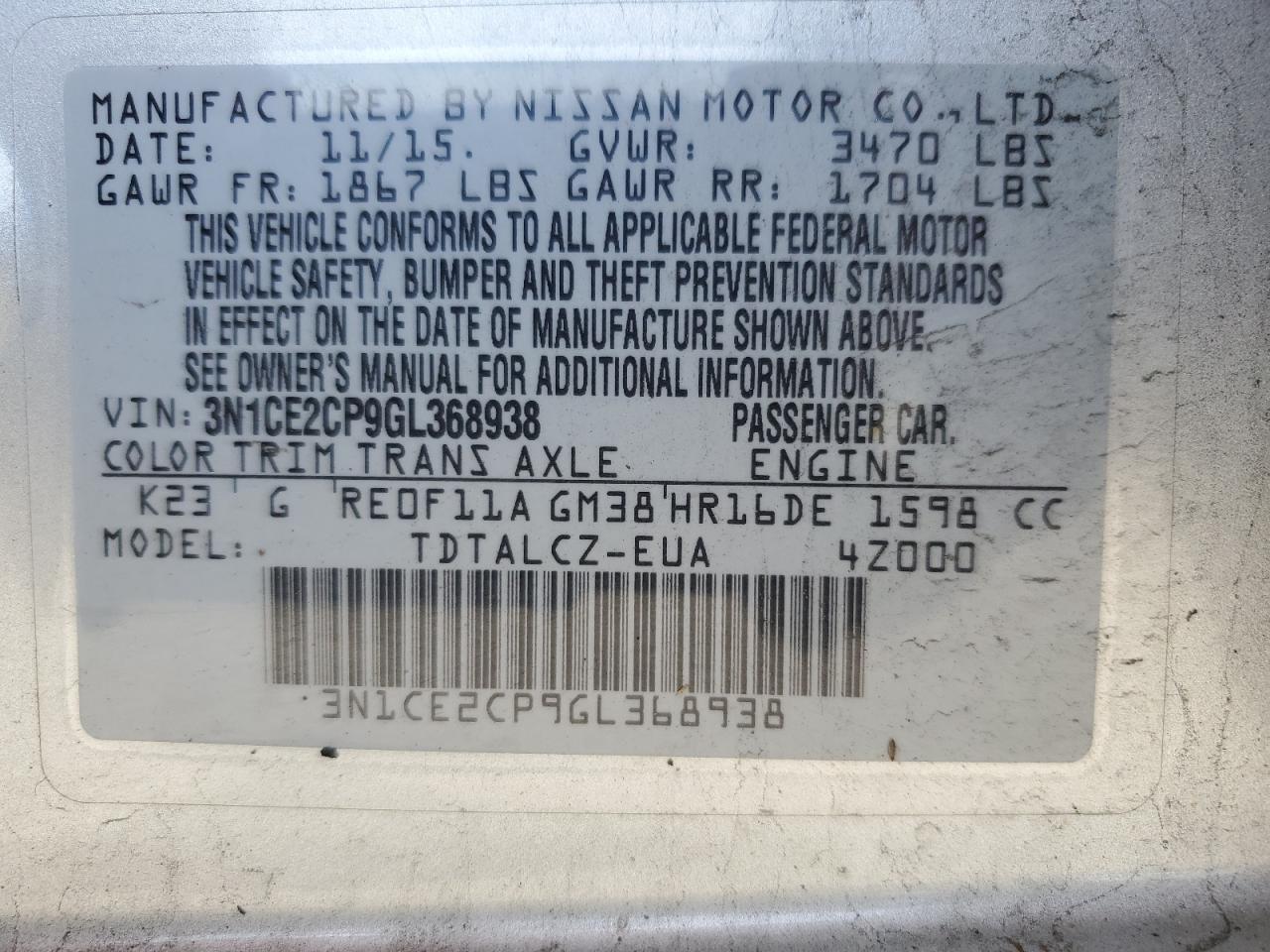 3N1CE2CP9GL368938 2016 Nissan Versa Note S