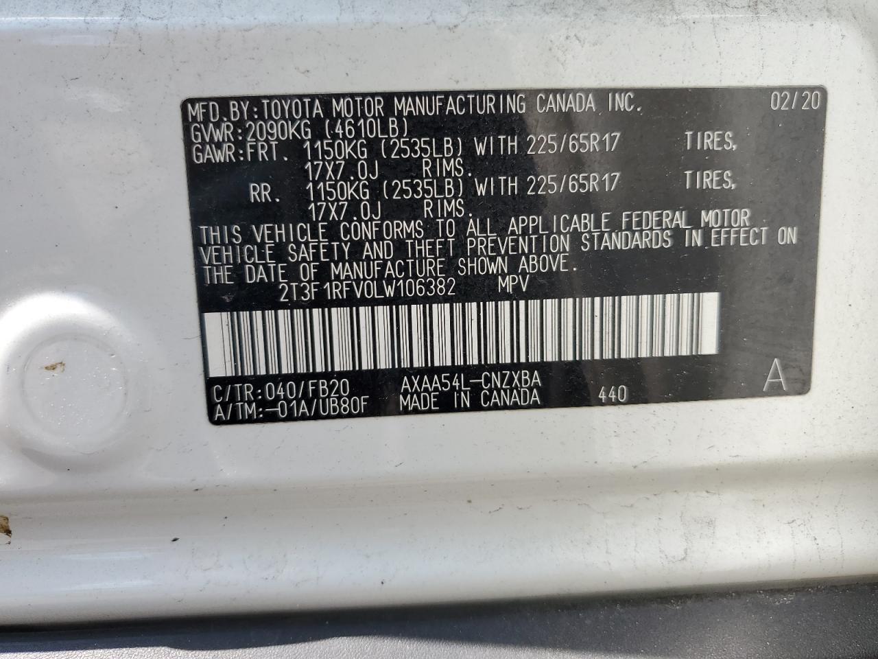 2T3F1RFV0LW106382 2020 Toyota Rav4 Le