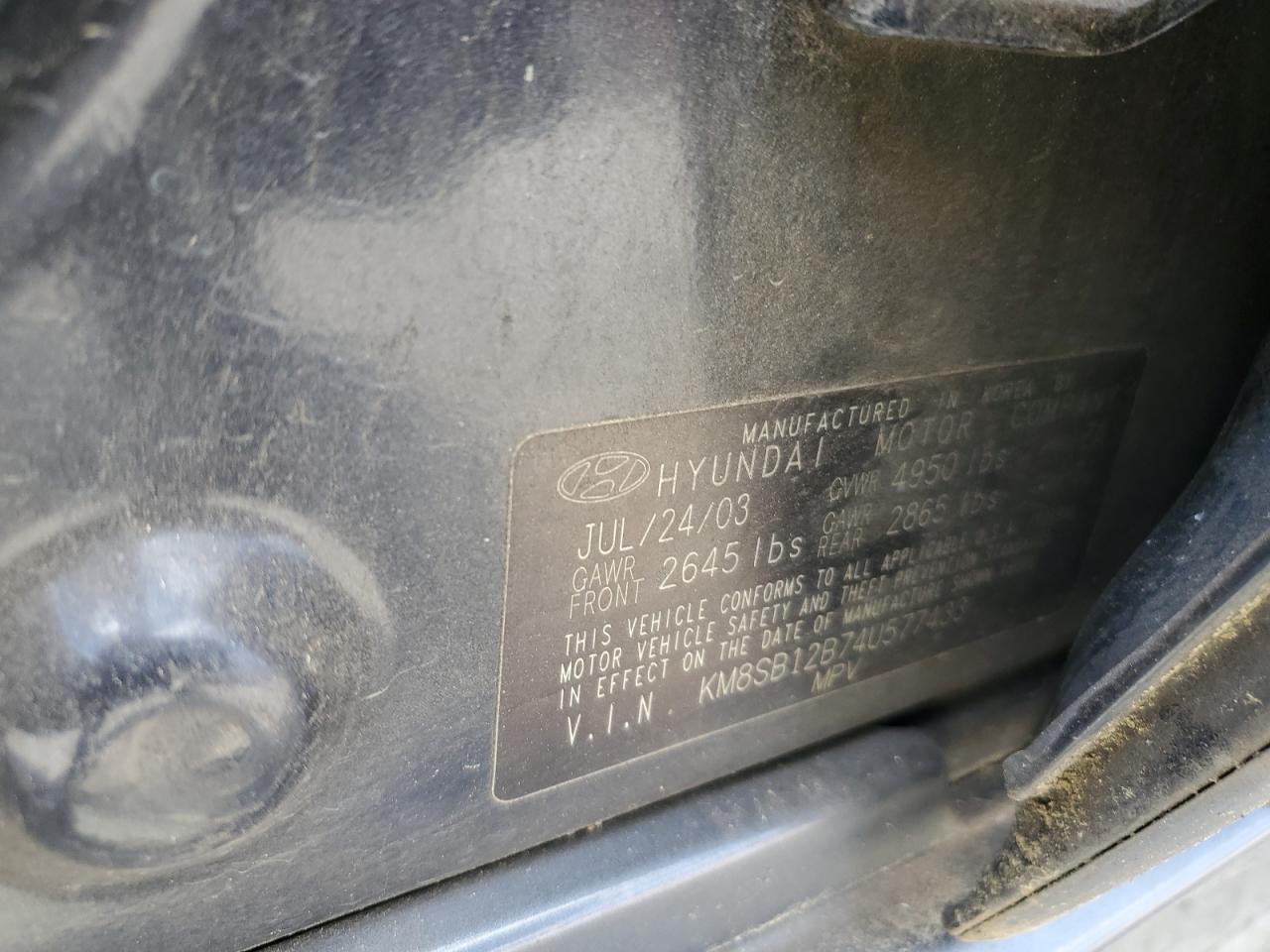 KM8SB12B74U577433 2004 Hyundai Santa Fe Gl