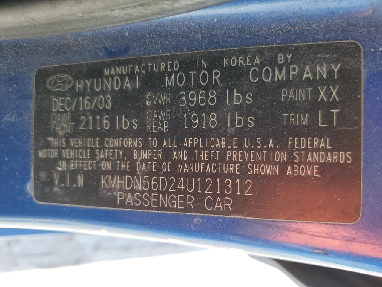 KMHDN56D24U121312 2004 Hyundai Elantra Gls