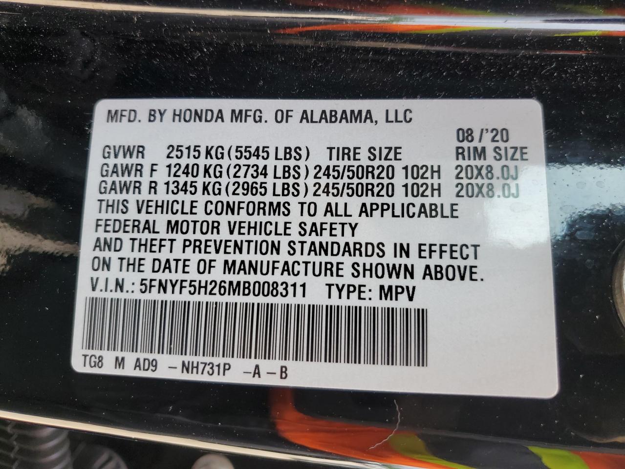 5FNYF5H26MB008311 2021 Honda Pilot Se