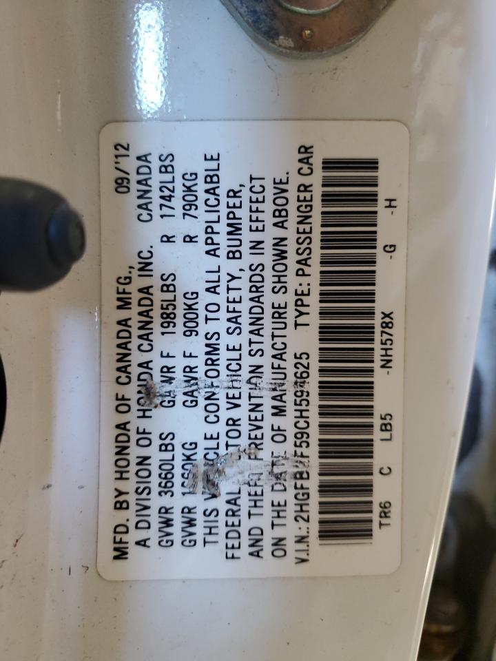 2HGFB2F59CH594625 2012 Honda Civic Lx