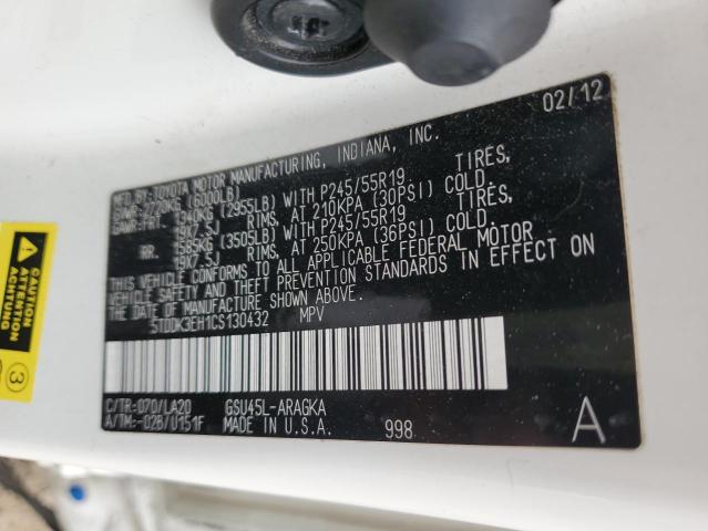 2012 Toyota Highlander Limited VIN: 5TDDK3EH1CS130432 Lot: 53868024