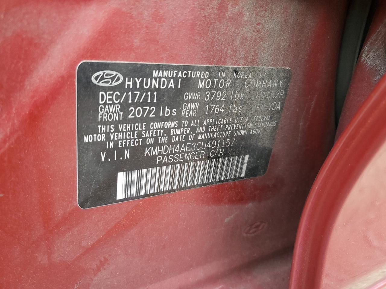 KMHDH4AE3CU401157 2012 Hyundai Elantra Gls