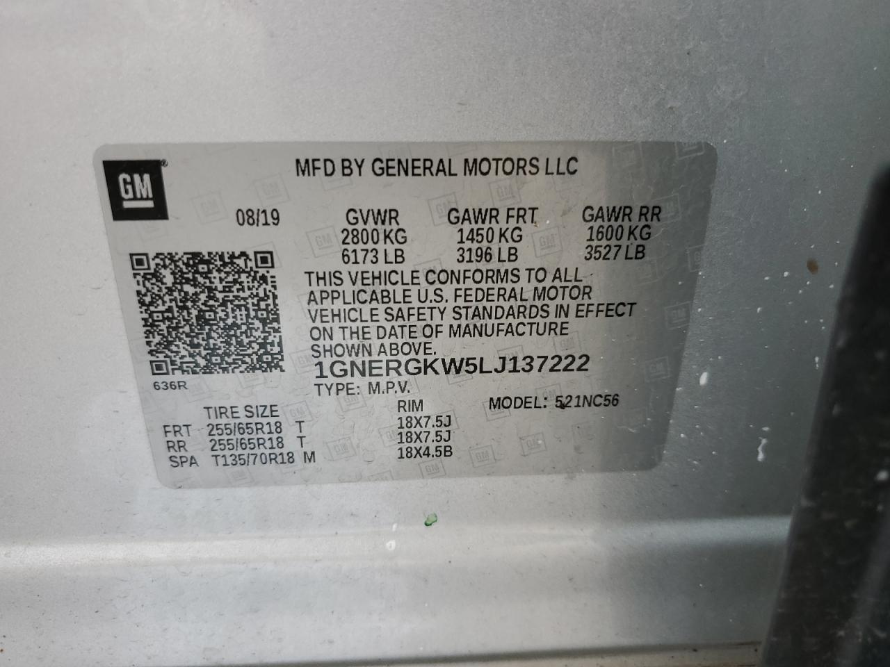 1GNERGKW5LJ137222 2020 Chevrolet Traverse Lt