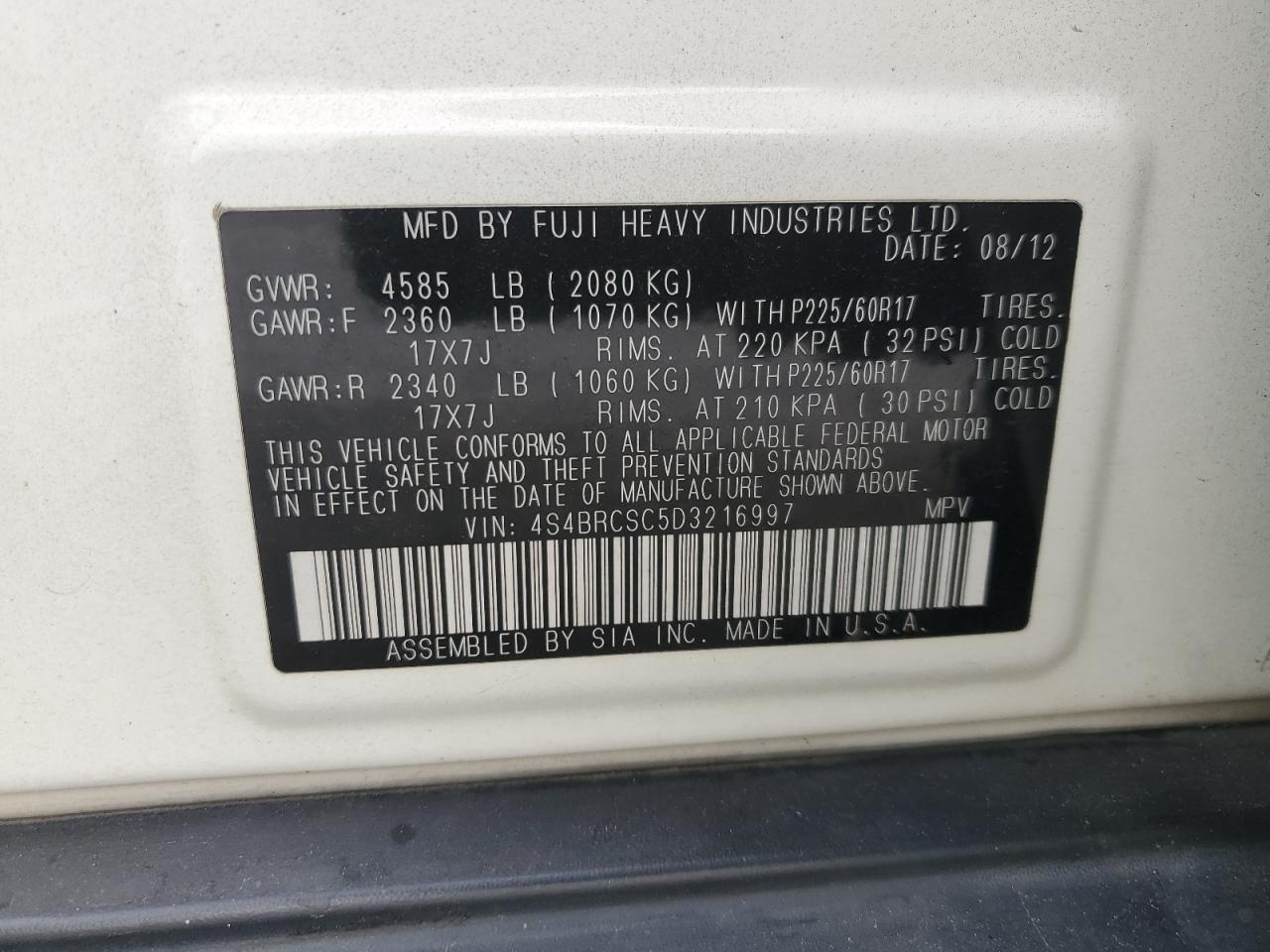 4S4BRCSC5D3216997 2013 Subaru Outback 2.5I Limited