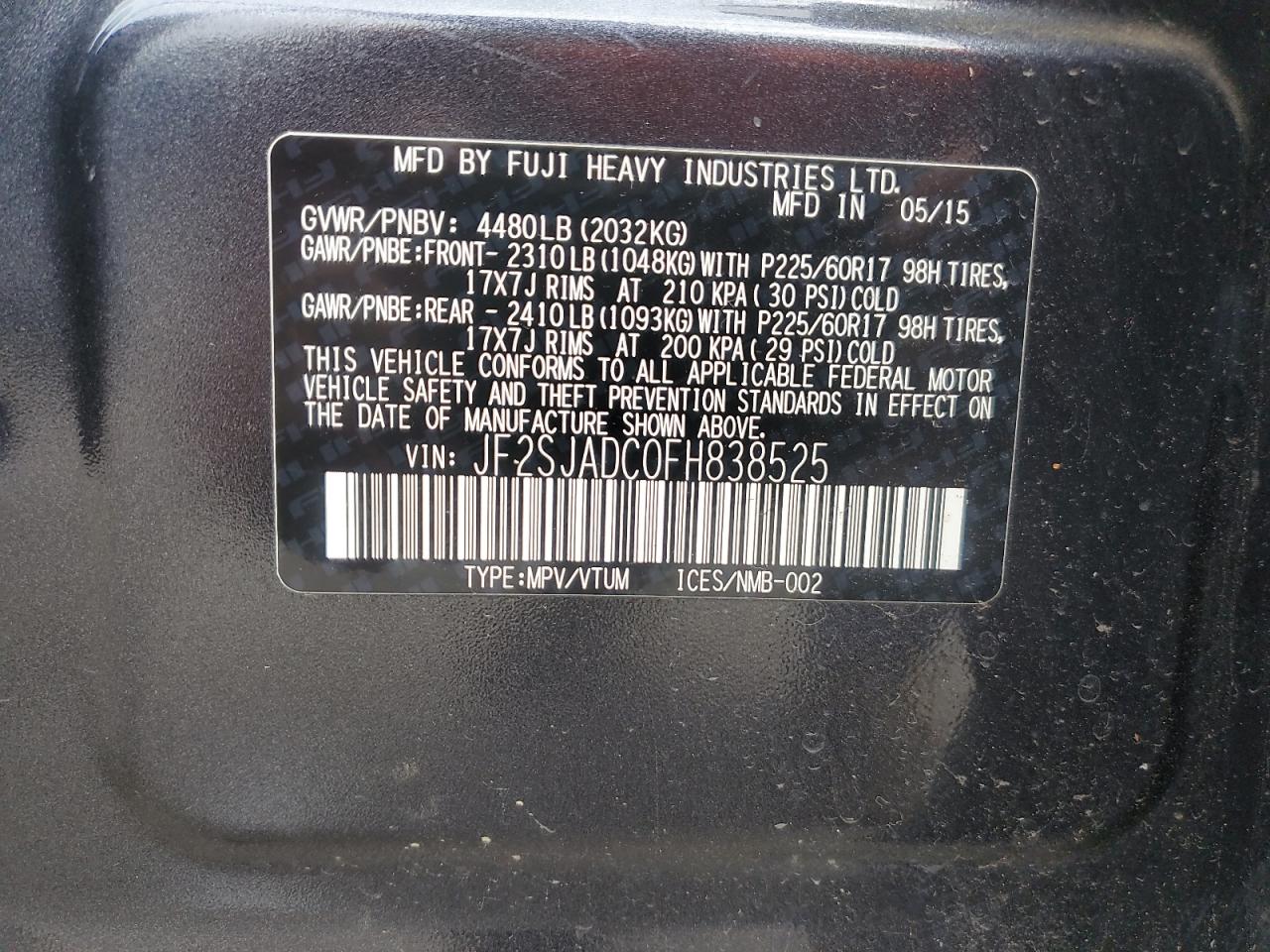 JF2SJADC0FH838525 2015 Subaru Forester 2.5I Premium