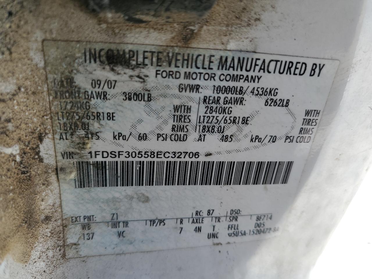 1FDSF30558EC32706 2008 Ford F350 Srw Super Duty