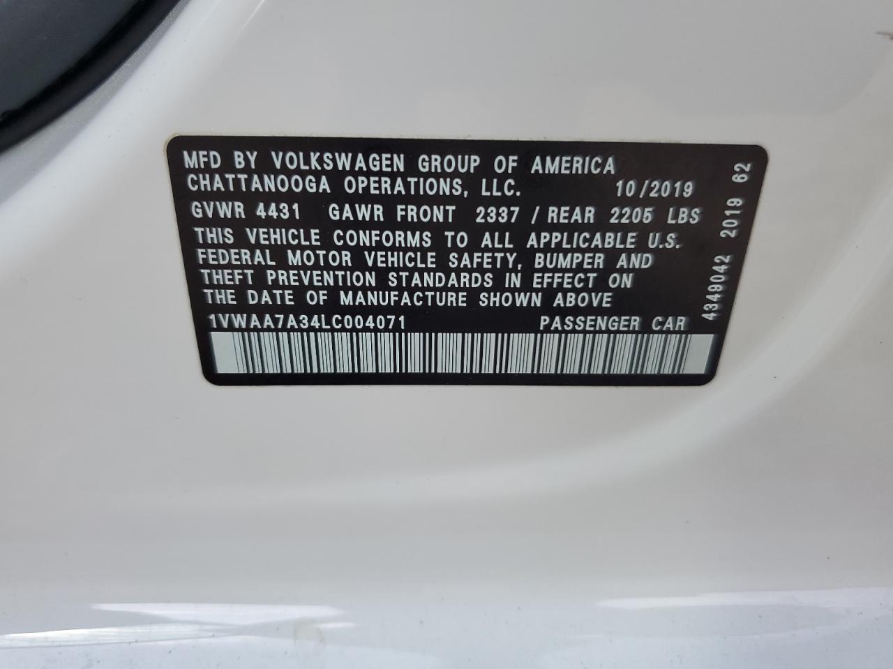 1VWAA7A34LC004071 2020 Volkswagen Passat S