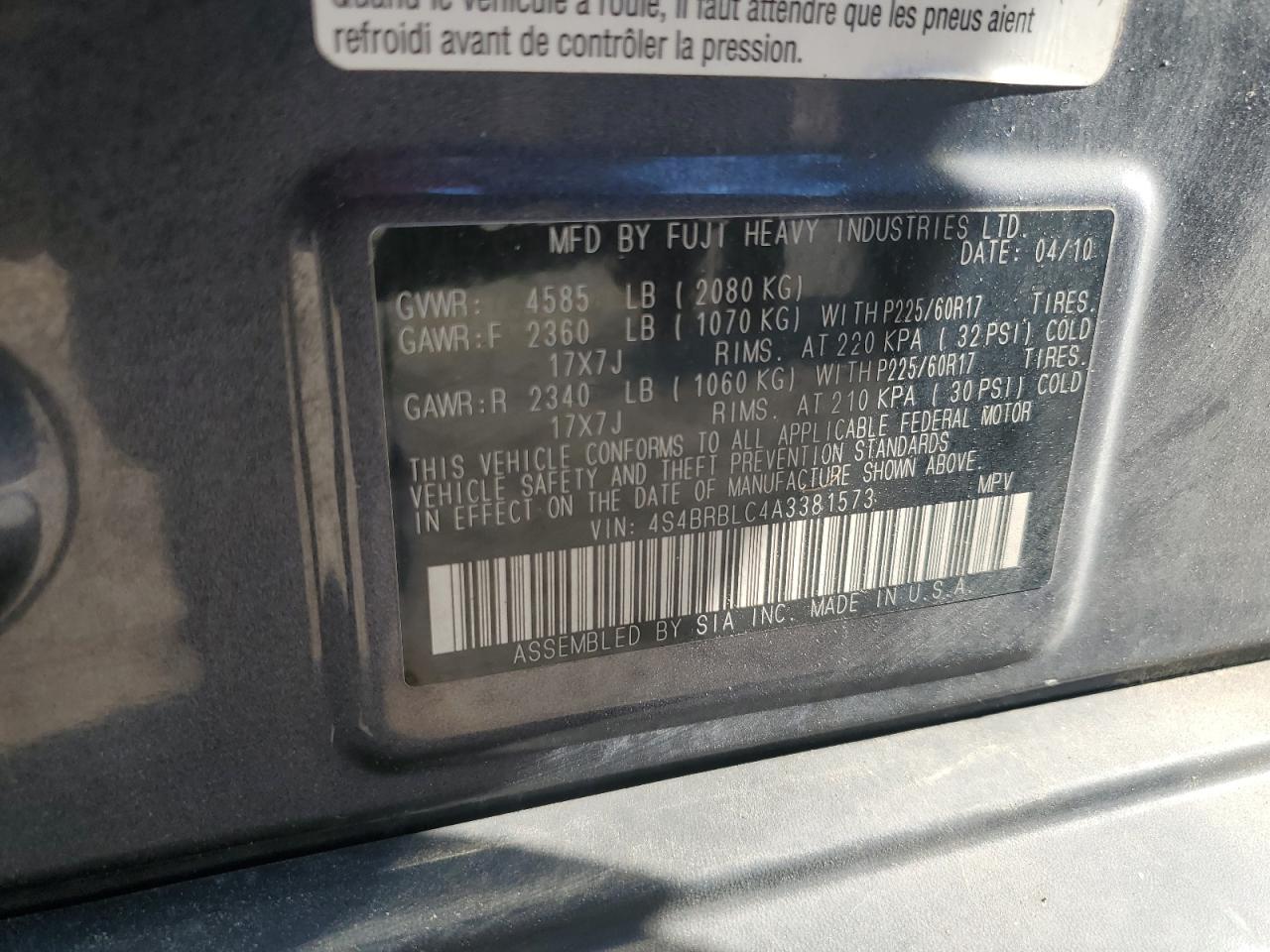 4S4BRBLC4A3381573 2010 Subaru Outback 2.5I Limited