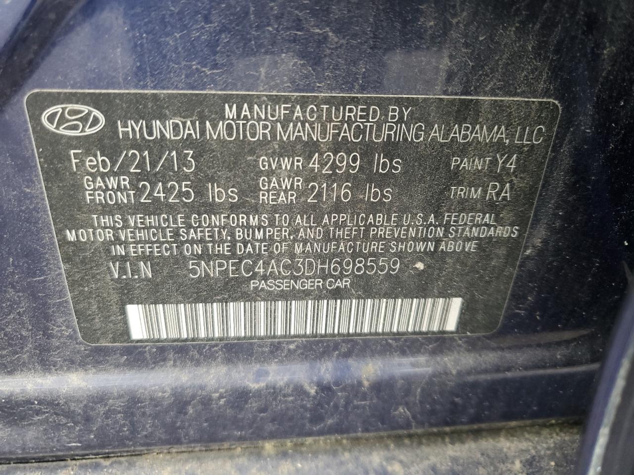 5NPEC4AC3DH698559 2013 Hyundai Sonata Se