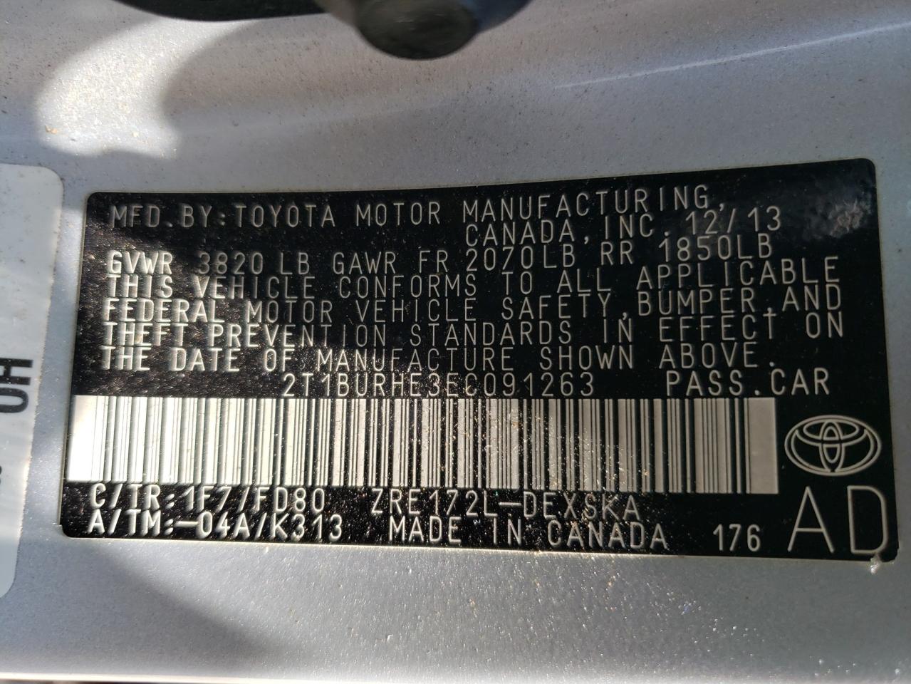 2T1BURHE3EC091263 2014 Toyota Corolla L