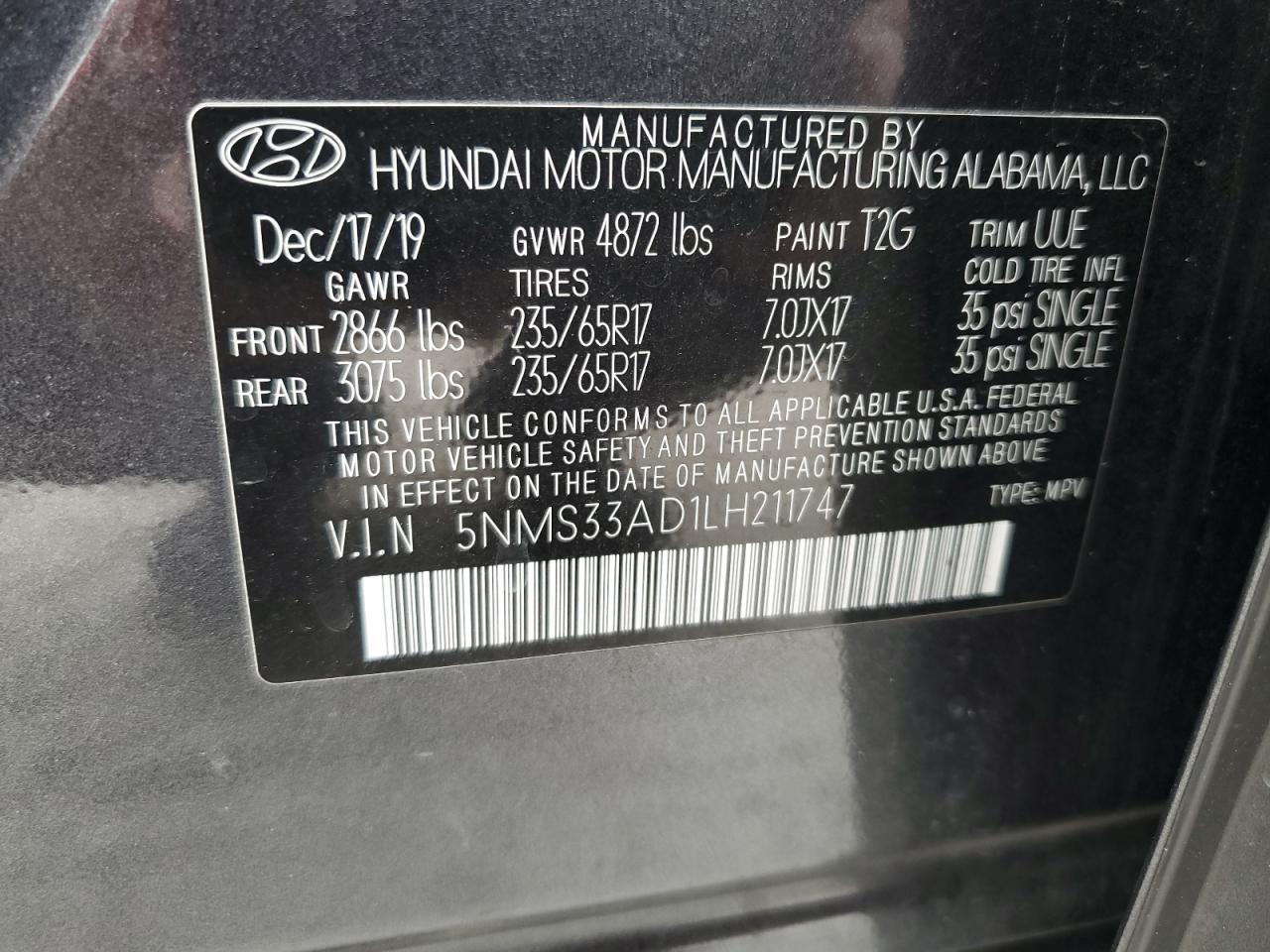 5NMS33AD1LH211747 2020 Hyundai Santa Fe Sel