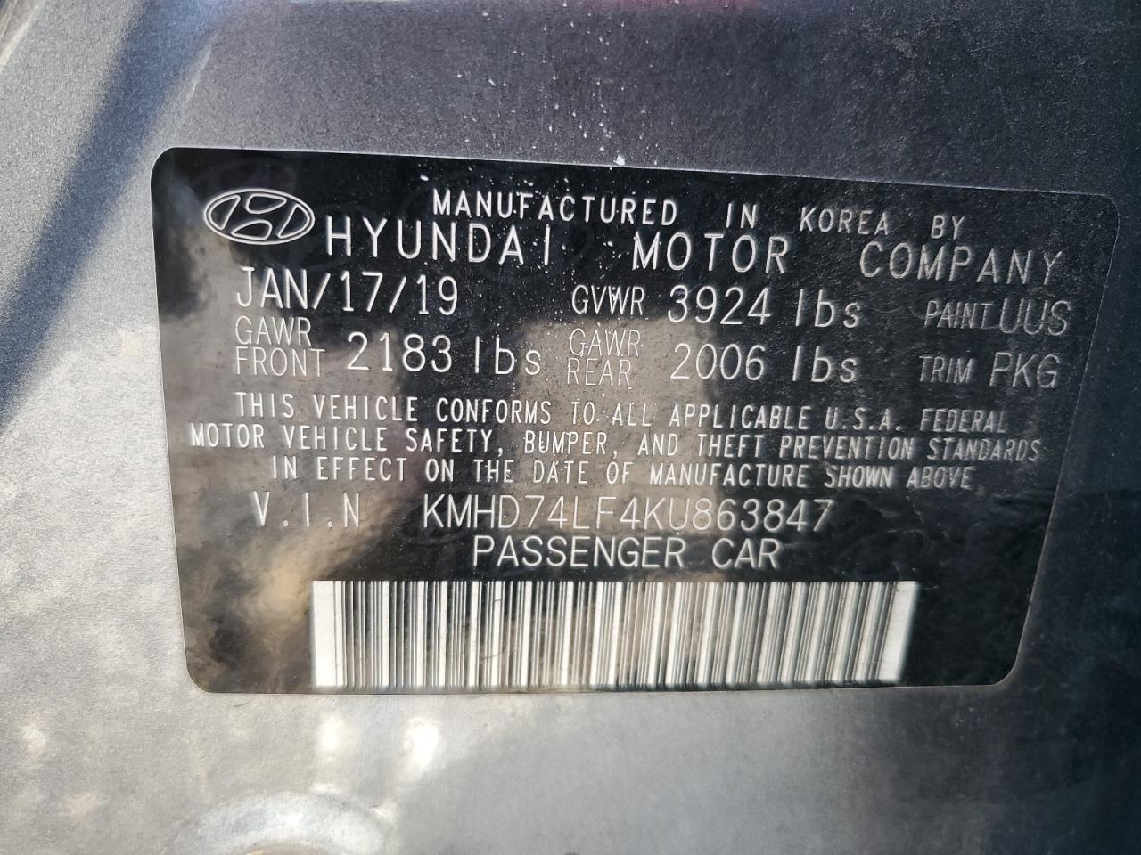 KMHD74LF4KU863847 2019 Hyundai Elantra Se