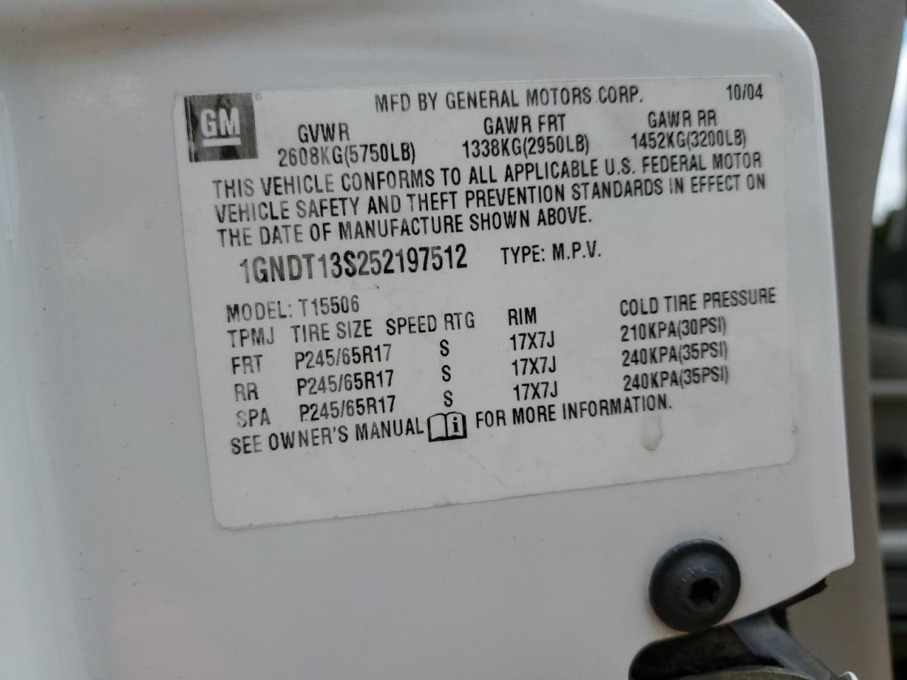 1GNDT13S252197512 2005 Chevrolet Trailblazer Ls