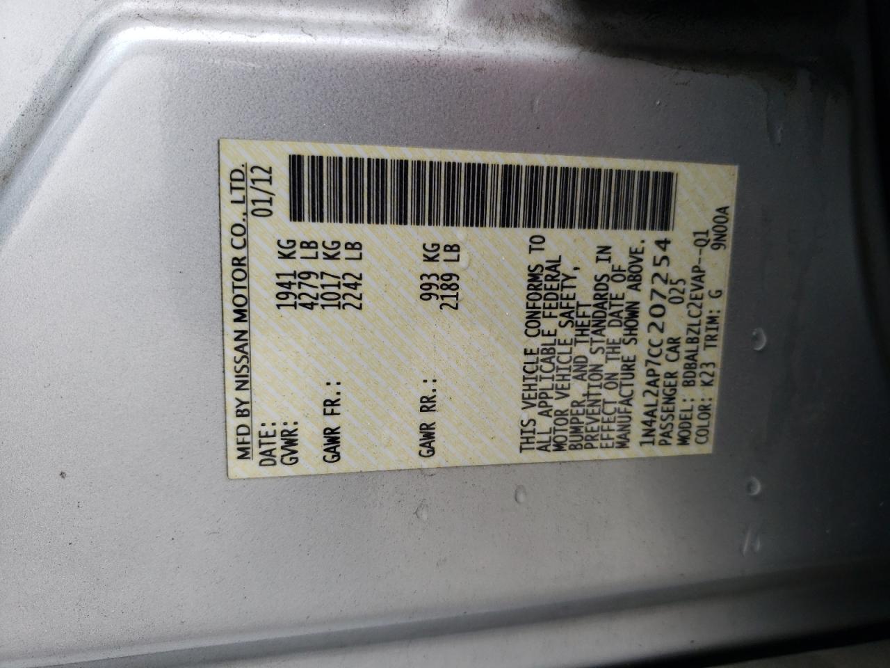 1N4AL2AP7CC207254 2012 Nissan Altima Base