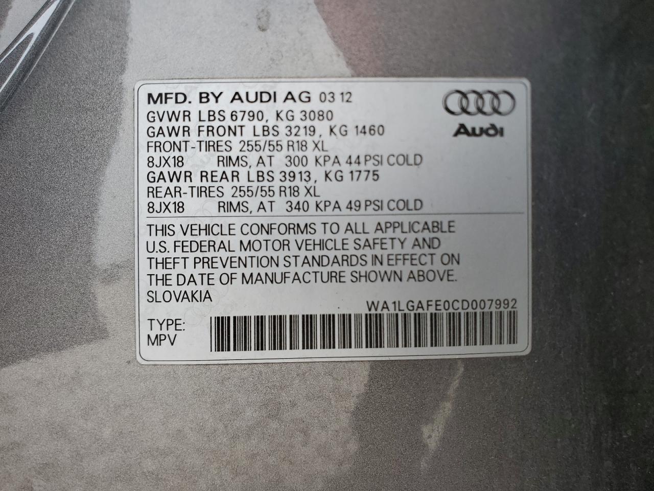 WA1LGAFE0CD007992 2012 Audi Q7 Premium Plus