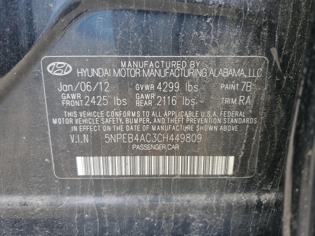 5NPEB4AC3CH449809 2012 Hyundai Sonata Gls