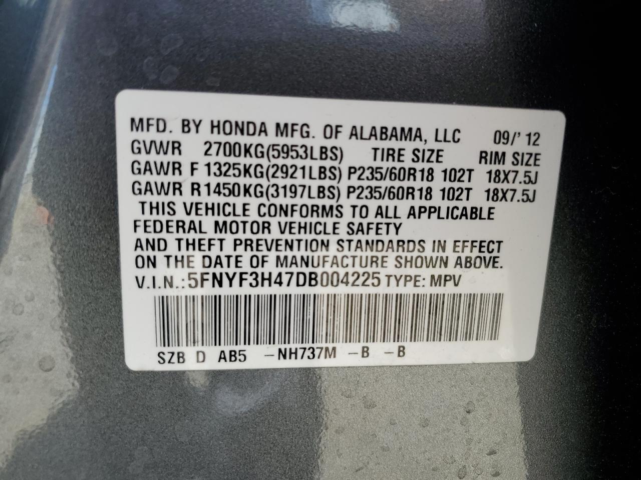 5FNYF3H47DB004225 2013 Honda Pilot Ex