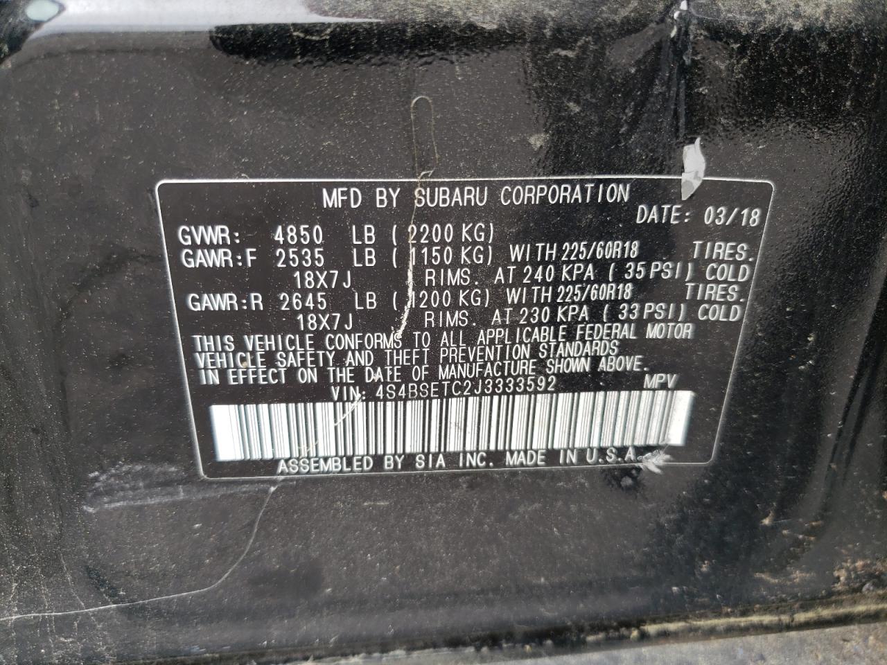 4S4BSETC2J3333592 2018 Subaru Outback Touring