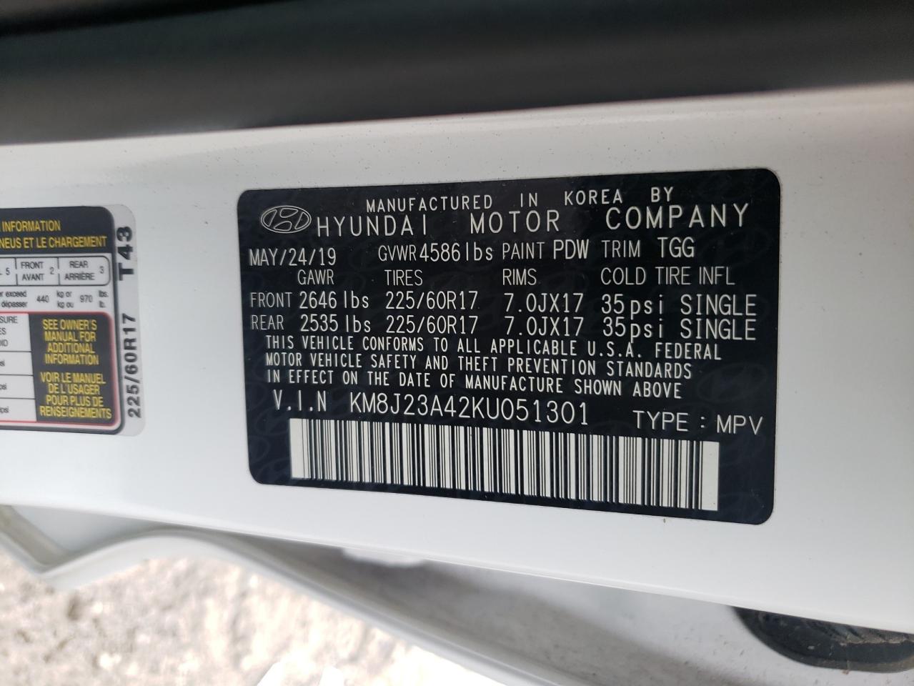 KM8J23A42KU051301 2019 Hyundai Tucson Se