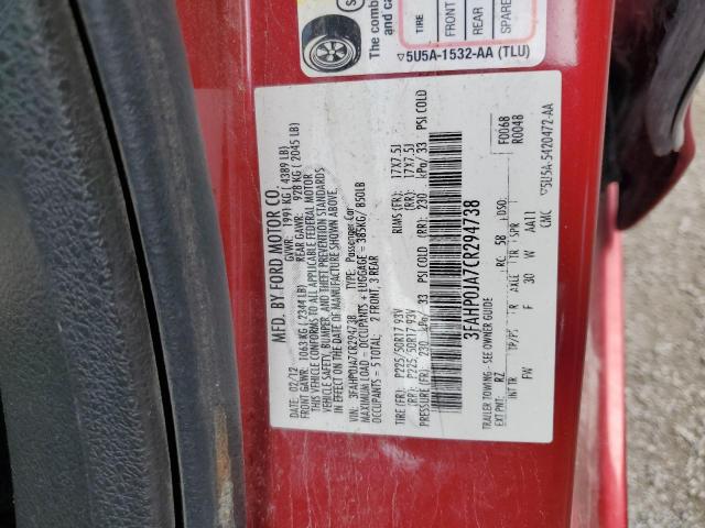 2012 Ford Fusion Sel VIN: 3FAHP0JA7CR294738 Lot: 52914234