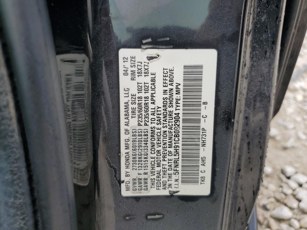 5FNRL5H91CB092904 2012 Honda Odyssey Touring
