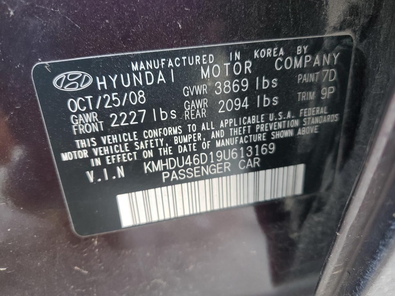 KMHDU46D19U613169 2009 Hyundai Elantra Gls