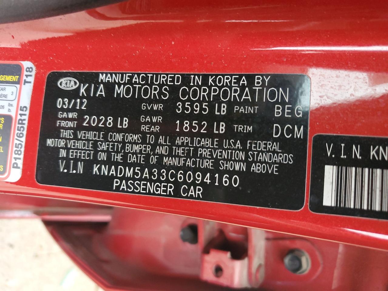 KNADM5A33C6094160 2012 Kia Rio Lx