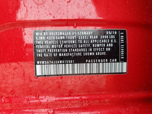 2010 Volkswagen Golf VIN: WVWDA7AJ2AW415981 Lot: 54159064