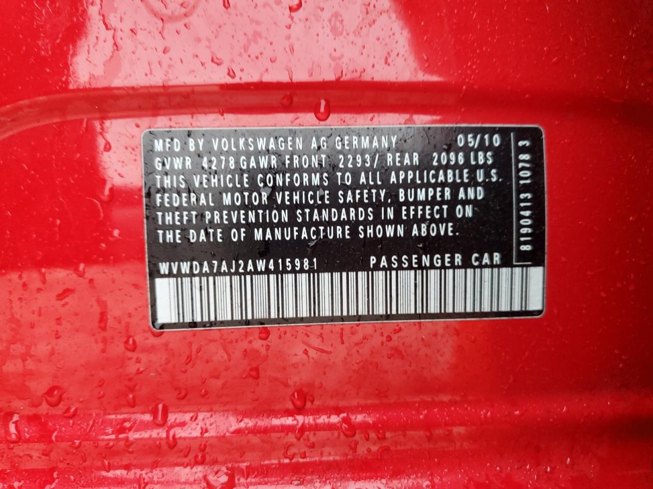 WVWDA7AJ2AW415981 2010 Volkswagen Golf