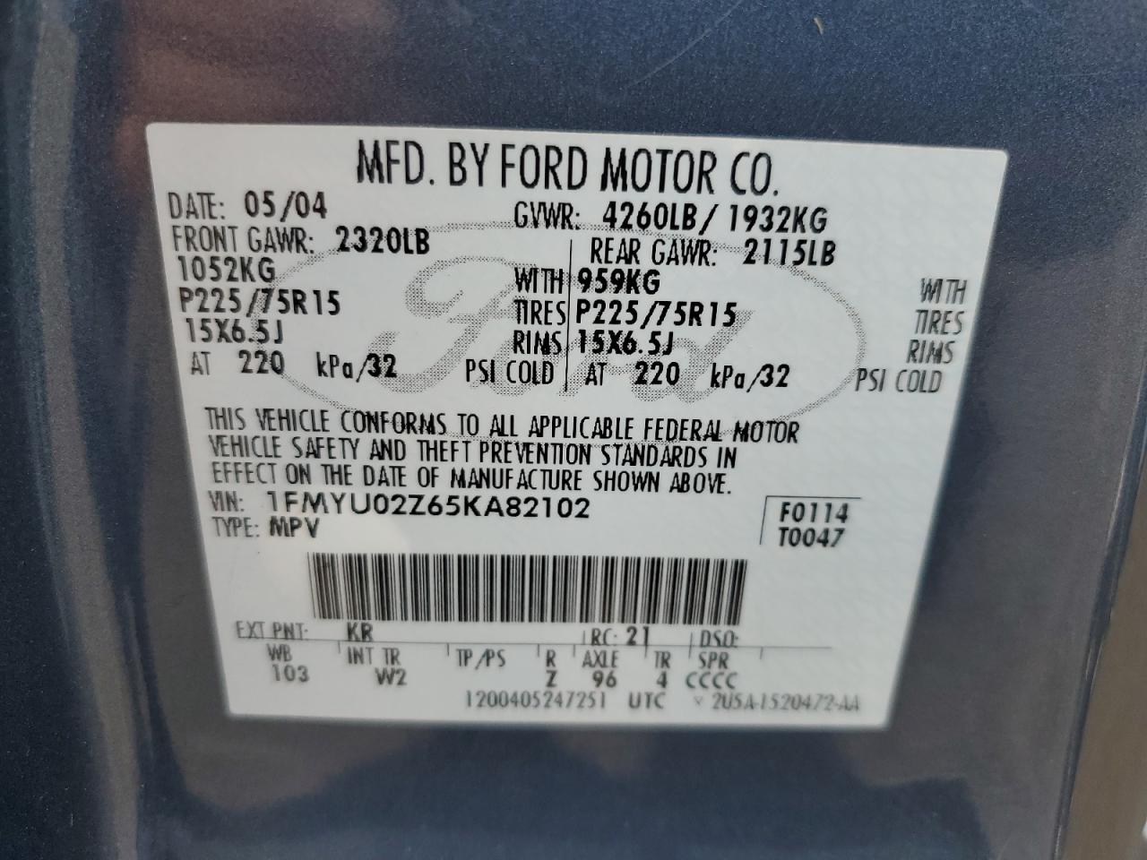 1FMYU02Z65KA82102 2005 Ford Escape Xls