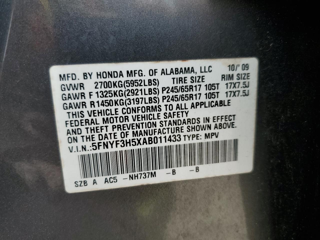 5FNYF3H5XAB011433 2010 Honda Pilot Exl