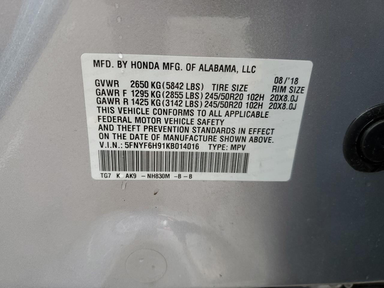 5FNYF6H91KB014016 2019 Honda Pilot Touring