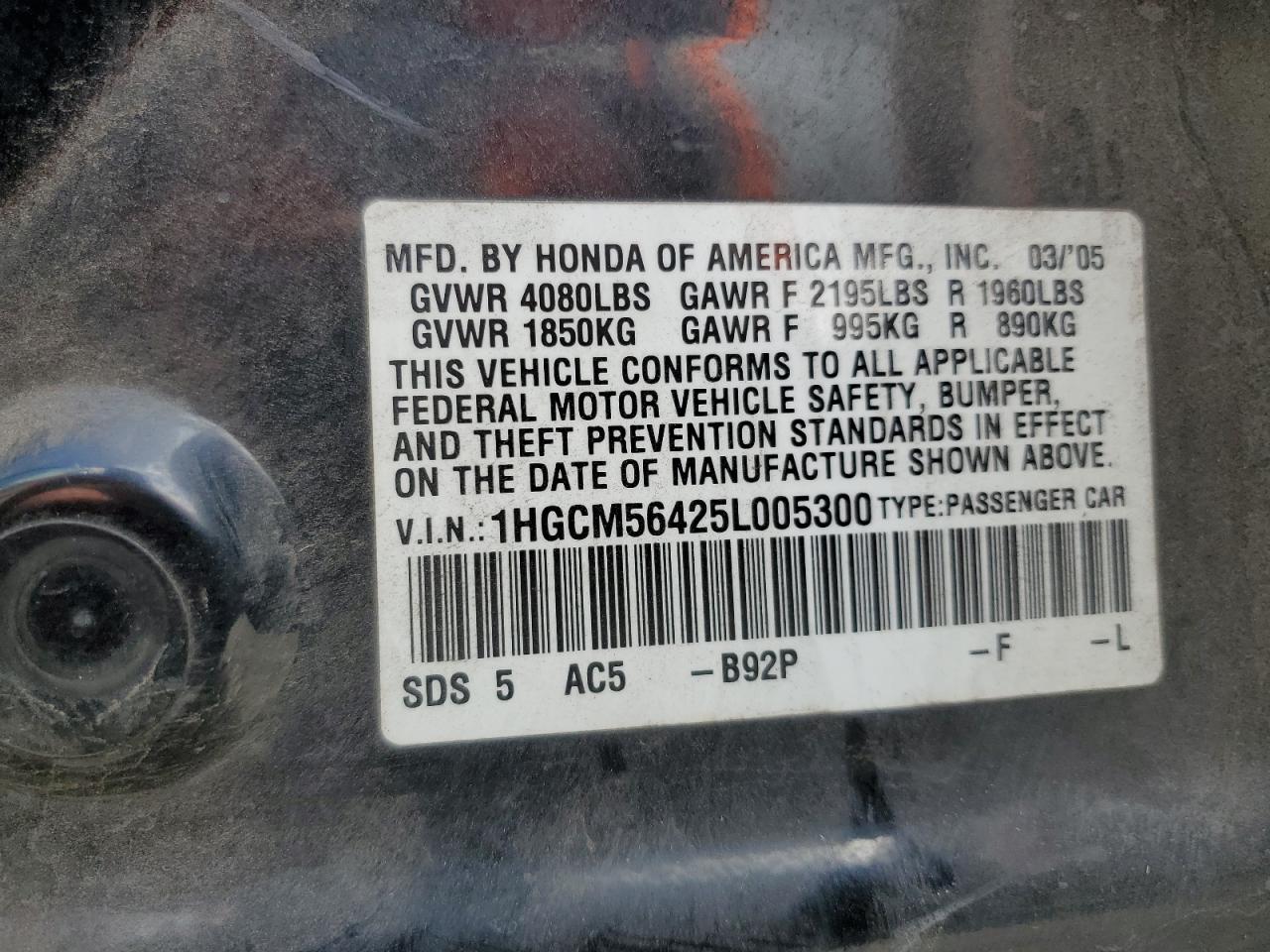 1HGCM56425L005300 2005 Honda Accord Lx