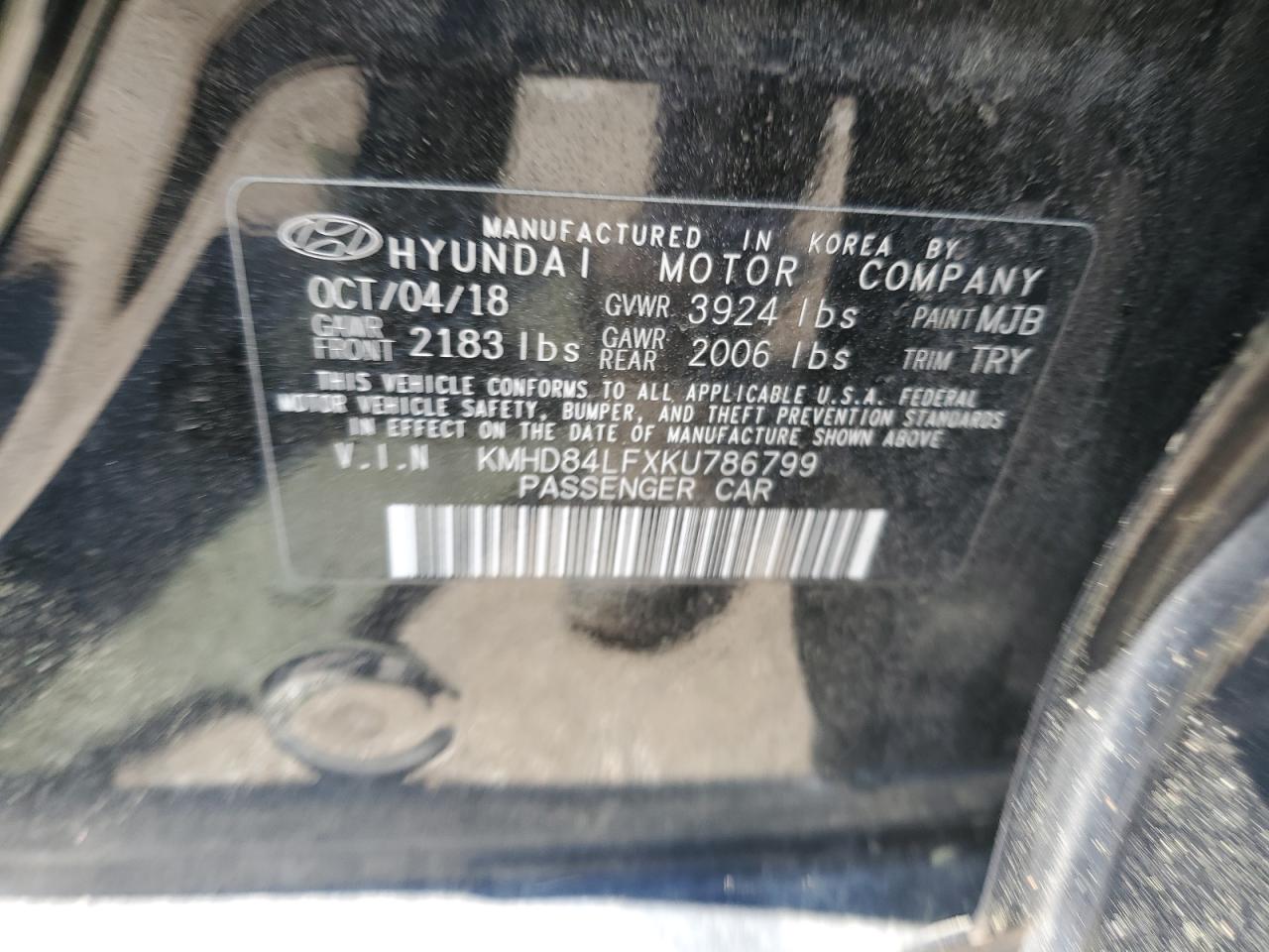 KMHD84LFXKU786799 2019 Hyundai Elantra Sel