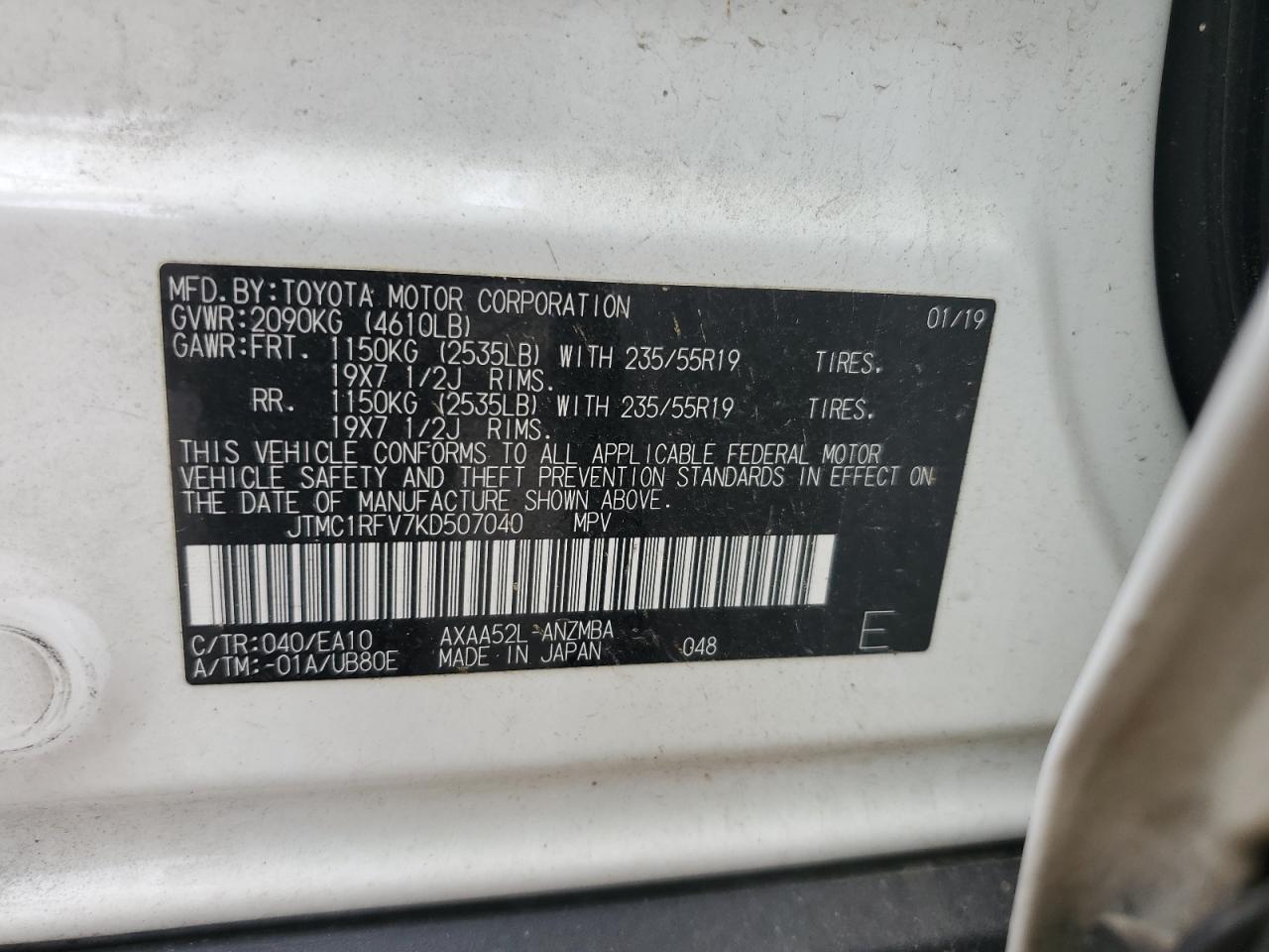 JTMC1RFV7KD507040 2019 Toyota Rav4 Xle Premium