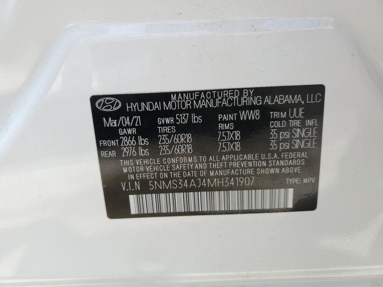 5NMS34AJ4MH341907 2021 Hyundai Santa Fe Sel