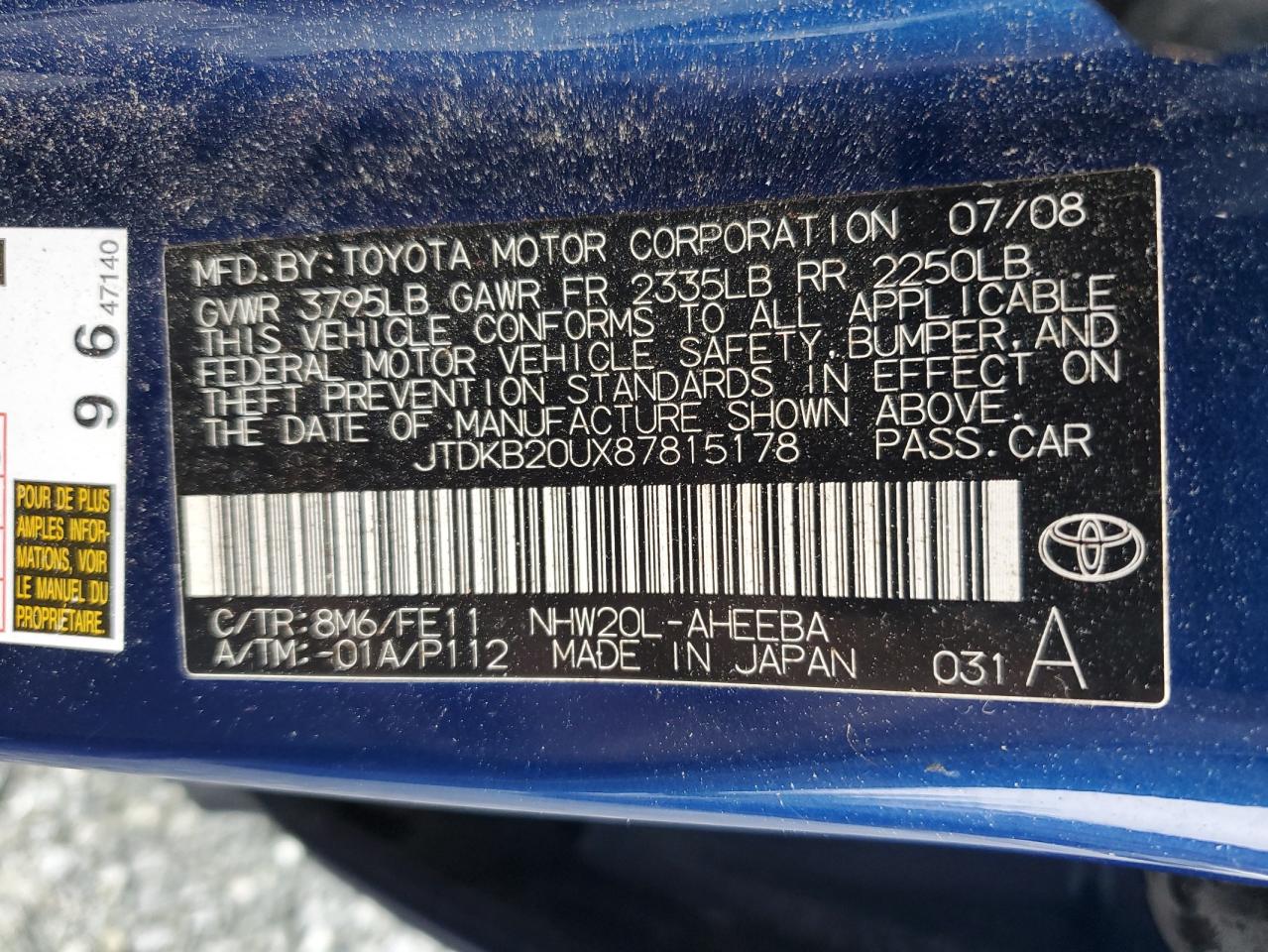 JTDKB20UX87815178 2008 Toyota Prius