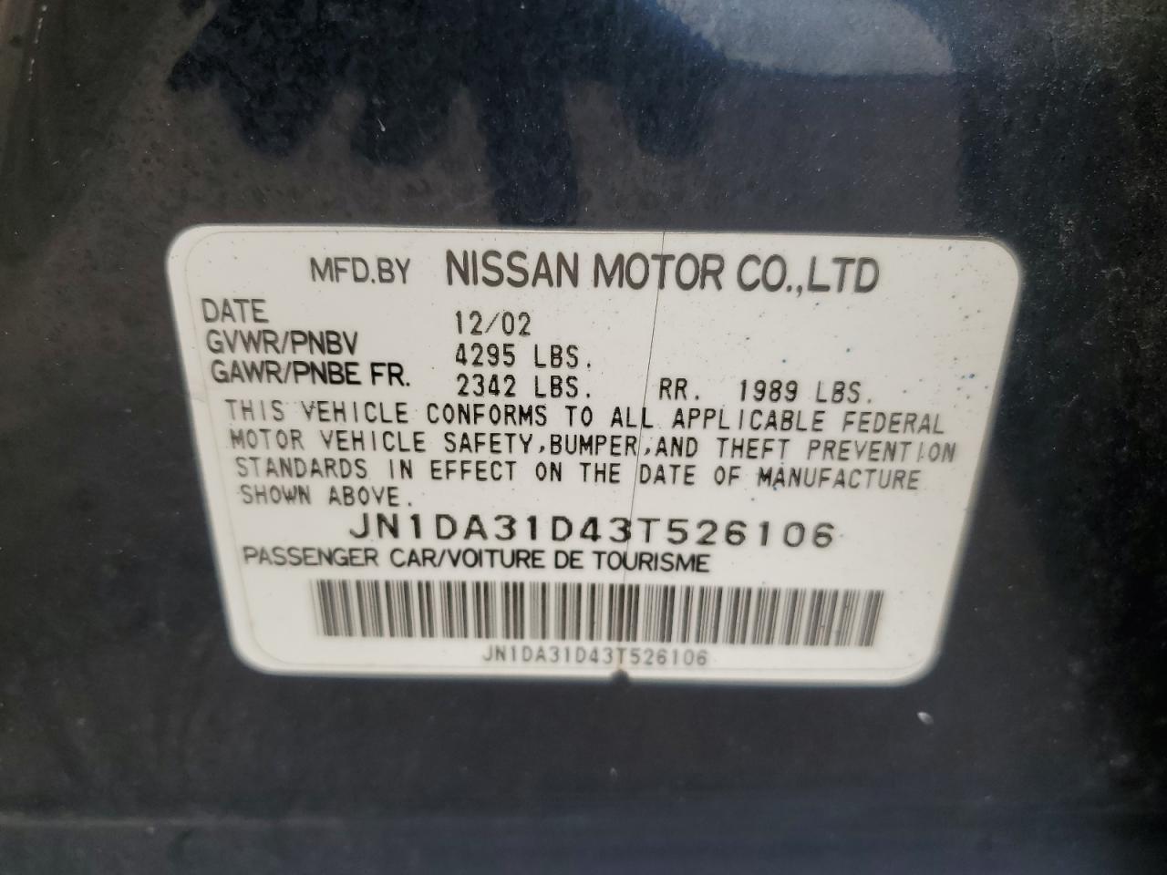 JN1DA31D43T526106 2003 Nissan Maxima Gle