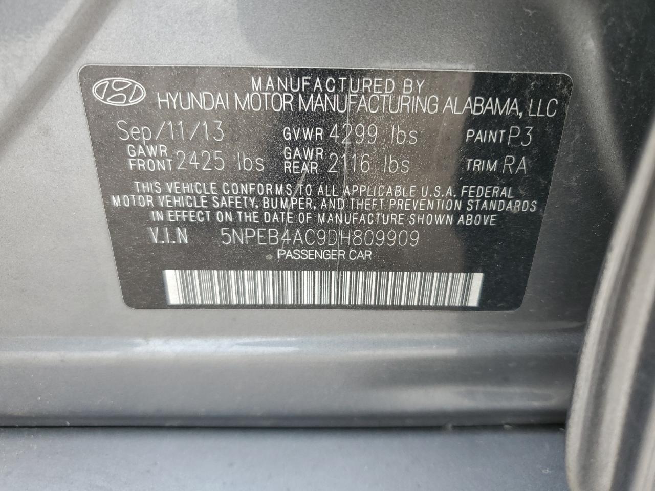 5NPEB4AC9DH809909 2013 Hyundai Sonata Gls