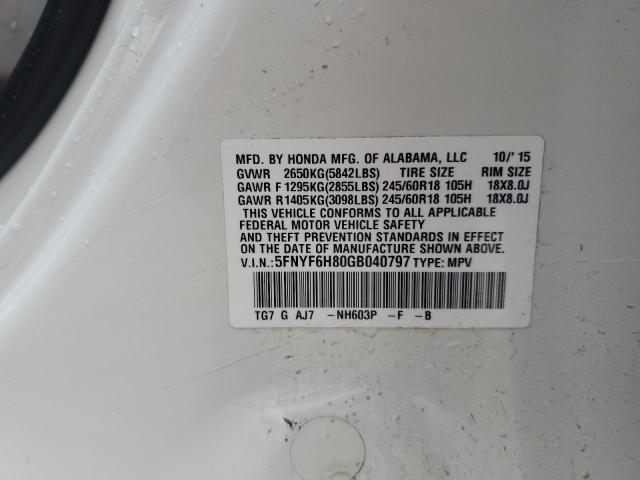 2016 Honda Pilot Exl VIN: 5FNYF6H80GB040797 Lot: 53093734