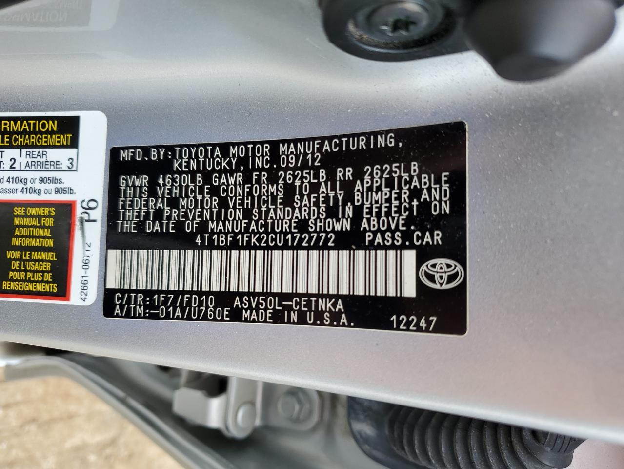 4T1BF1FK2CU172772 2012 Toyota Camry Base