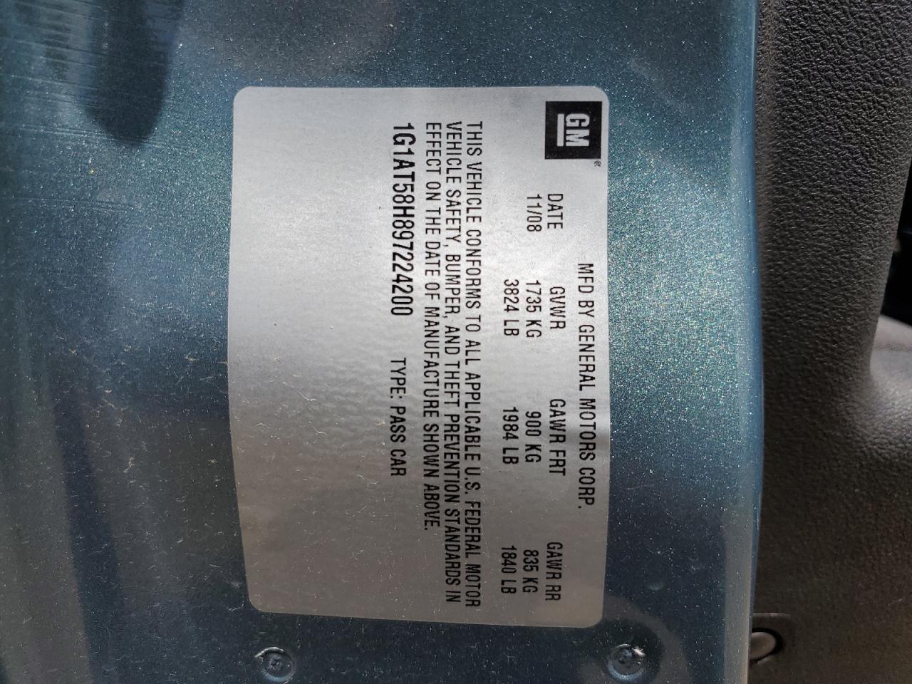 1G1AT58H897224200 2009 Chevrolet Cobalt Lt
