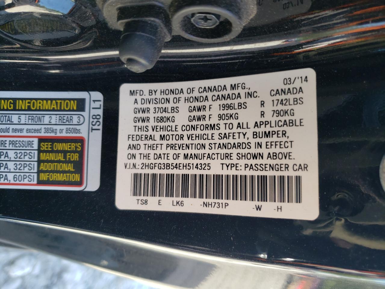 2HGFG3B54EH514325 2014 Honda Civic Lx