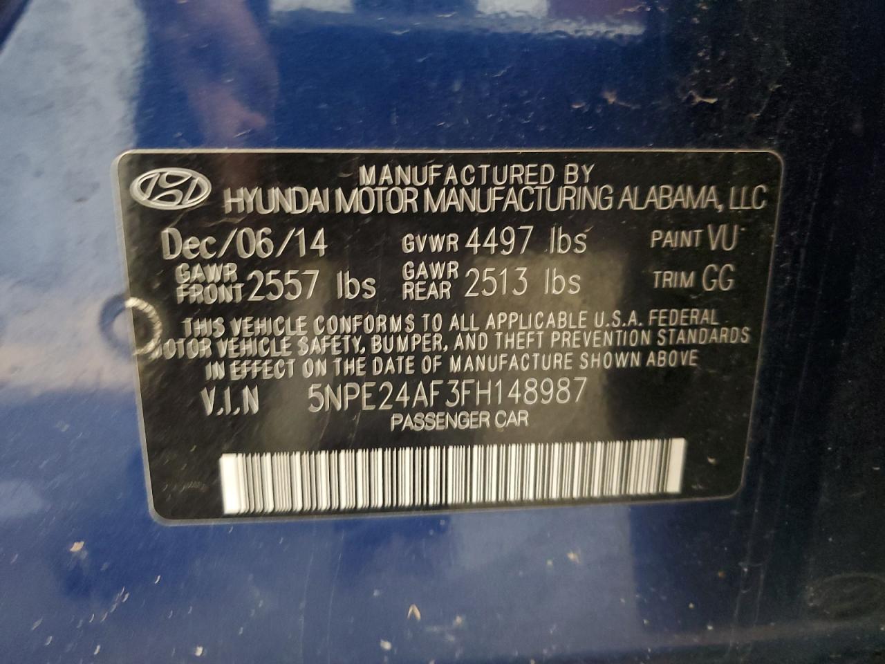 5NPE24AF3FH148987 2015 Hyundai Sonata Se