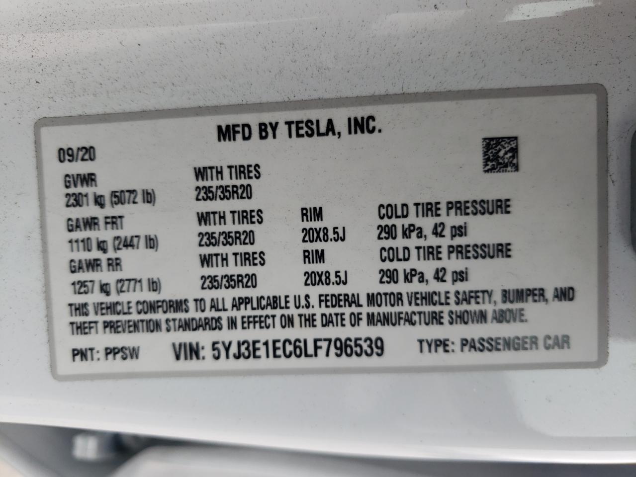 5YJ3E1EC6LF796539 2020 Tesla Model 3